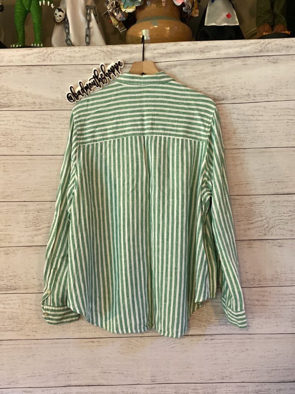 Universal Thread Green White Stripe Linen Relaxed Fit Button Down Blouse XXL - Picture 5 of 7